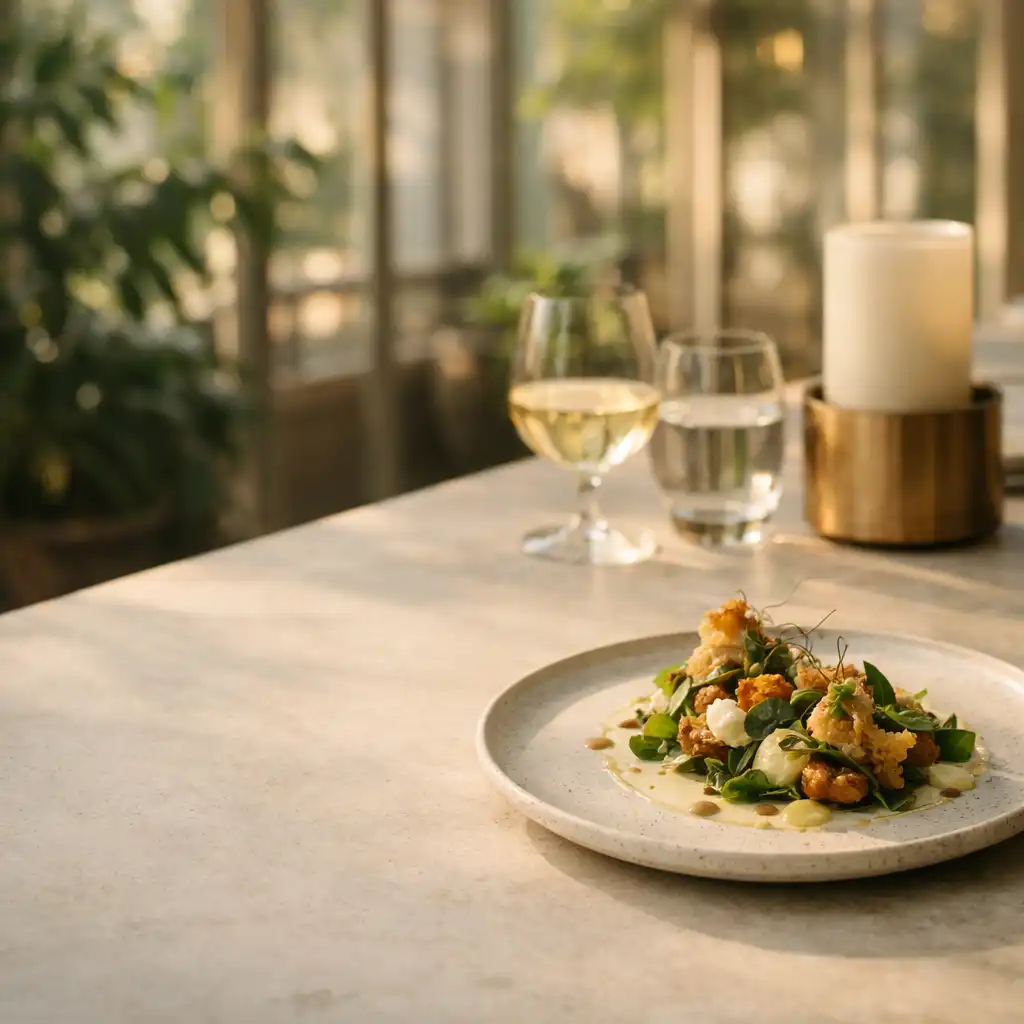 Współczesna kompozycja dania na jasnym stole w restauracyjnym wnętrzu