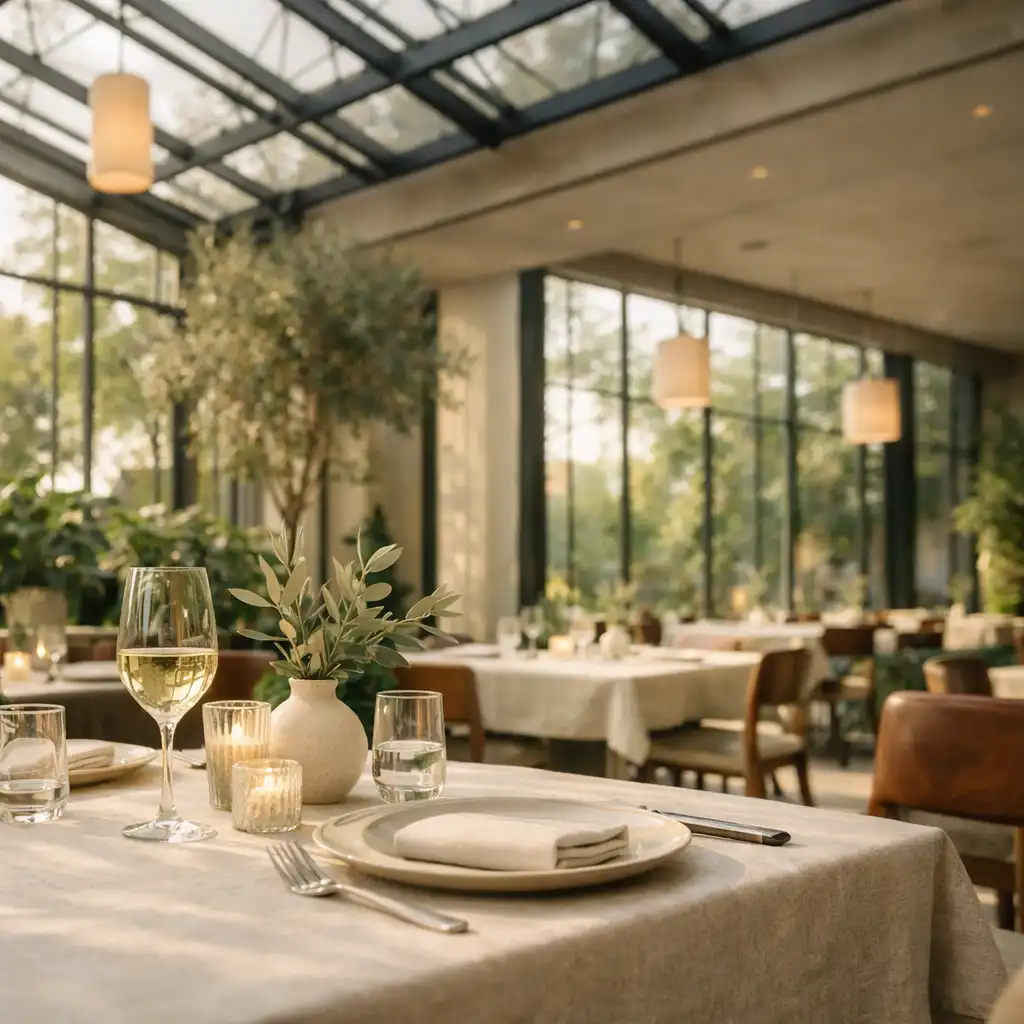 Jasne wnętrze restauracji ze starannie nakrytym stołem, szkłem i roślinnością