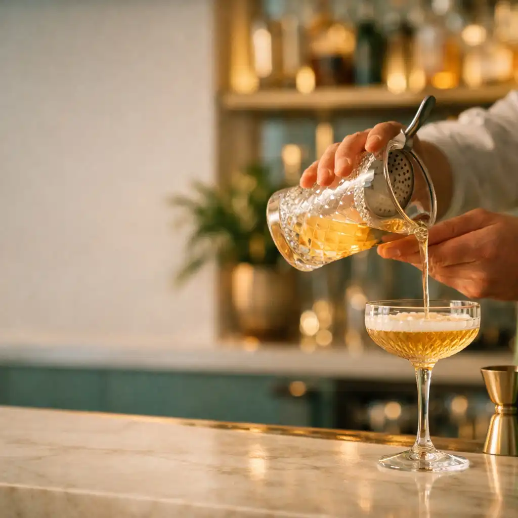 Dłonie przygotowujące koktajl przy jasnym barze restauracyjnym