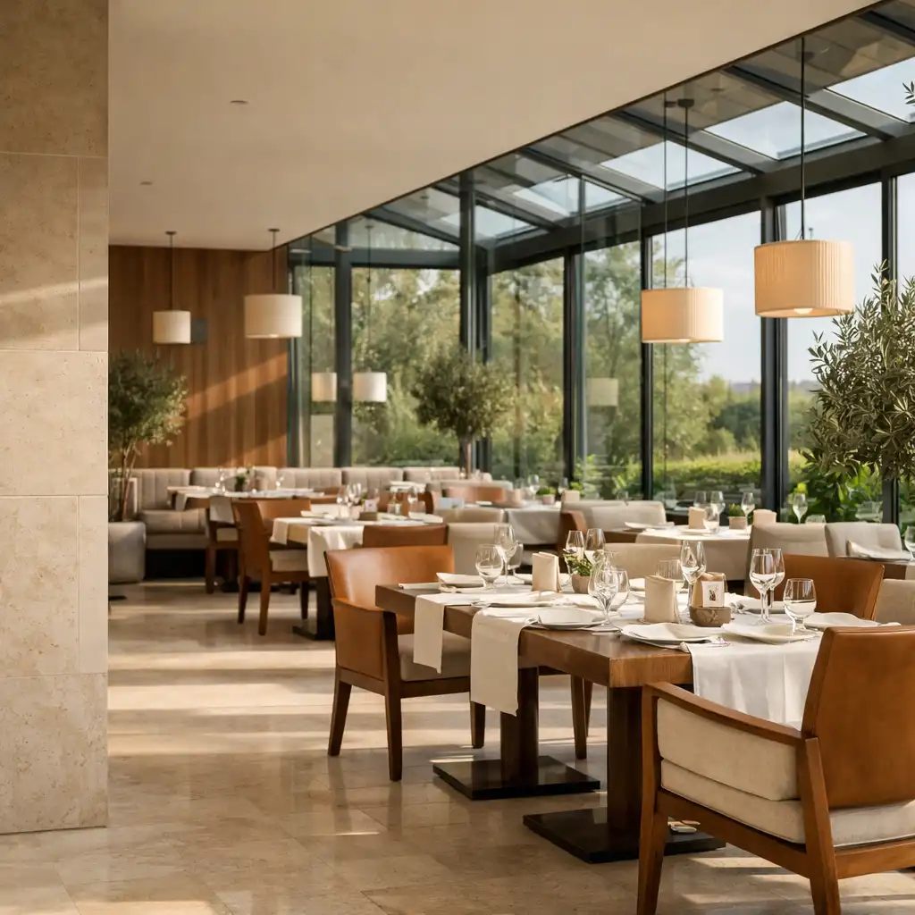 Jasne wnętrze restauracji Jorvexim ze szkłem, roślinnością i eleganckimi stolikami