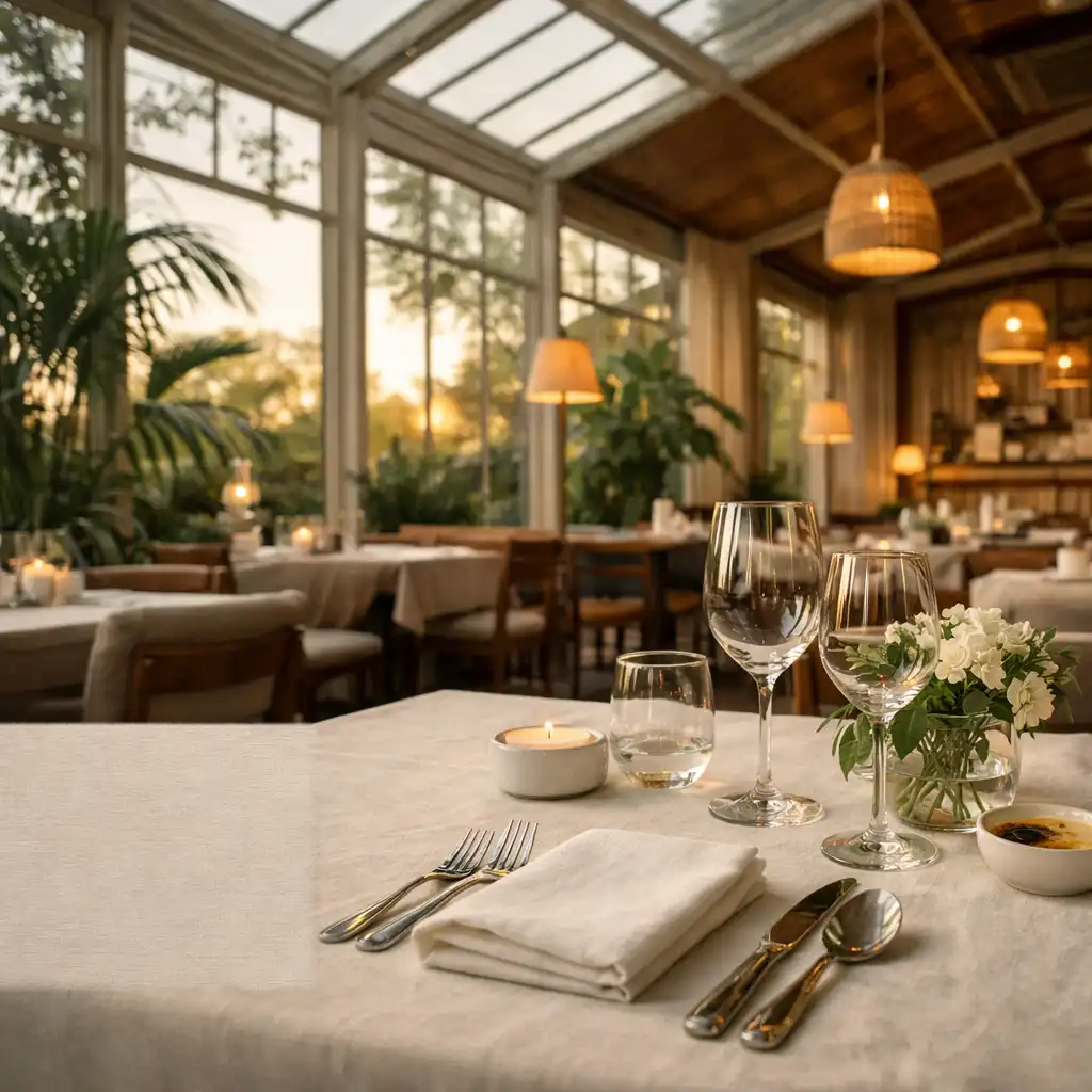 Stół w restauracji Jorvexim otoczony światłem, szkłem i zielenią