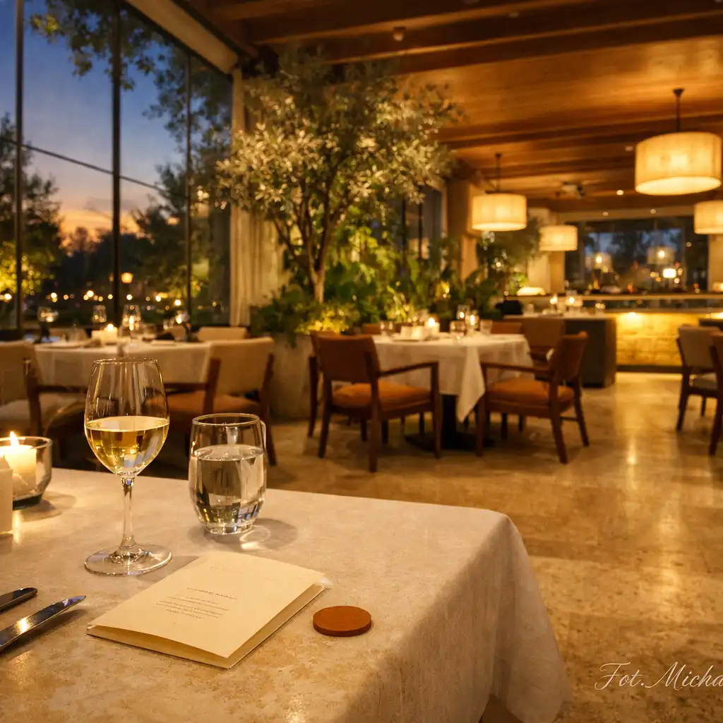 Przeszklone wnętrze restauracji z roślinnością, jasnym drewnem i elegancko nakrytymi stołami