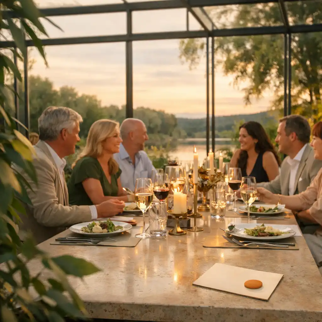 Goście przy elegancko nakrytym stole w jasnym, przeszklonym wnętrzu restauracji