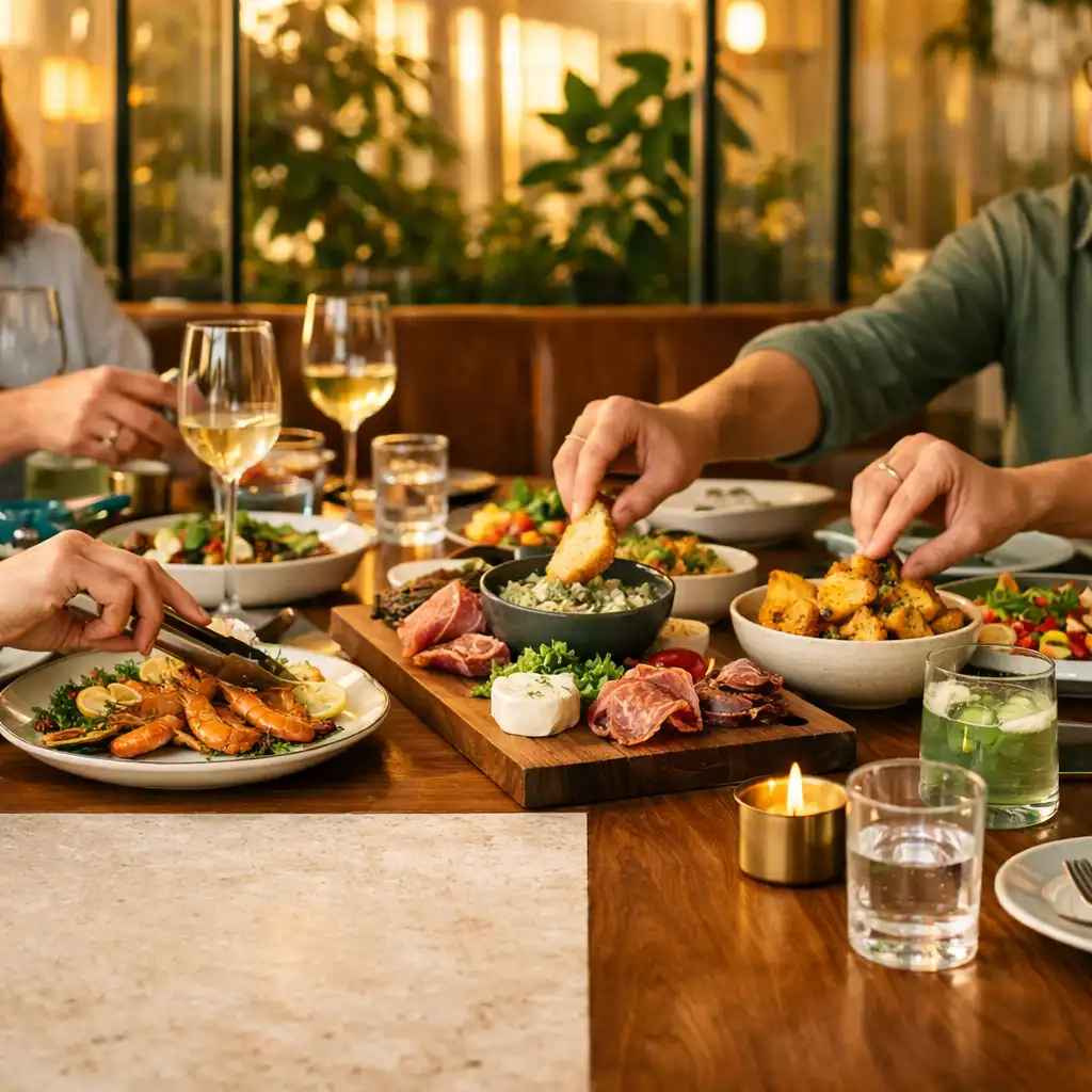 Dłonie sięgające po dania przy wspólnym jasnym stole restauracyjnym