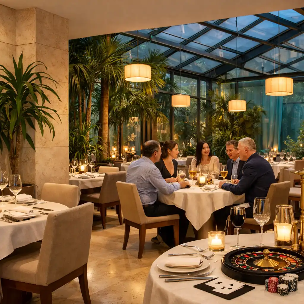 Jasne wnętrze przeszklonej restauracji z elegancko nakrytymi stołami i roślinami